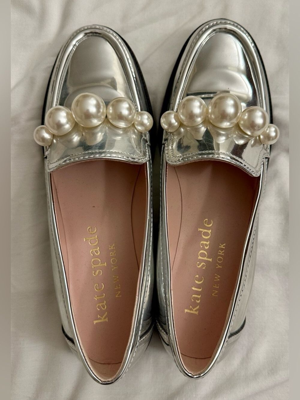 NWOT kate spade Metallic Silver Pearl-Trim Loafers - Picture 6 of 16